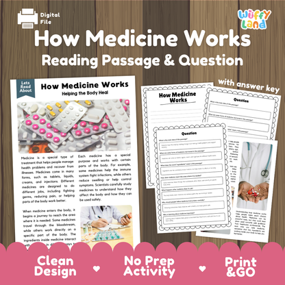 How Medicine Works reading comprehension passage and questions activity pack with full answer key for students