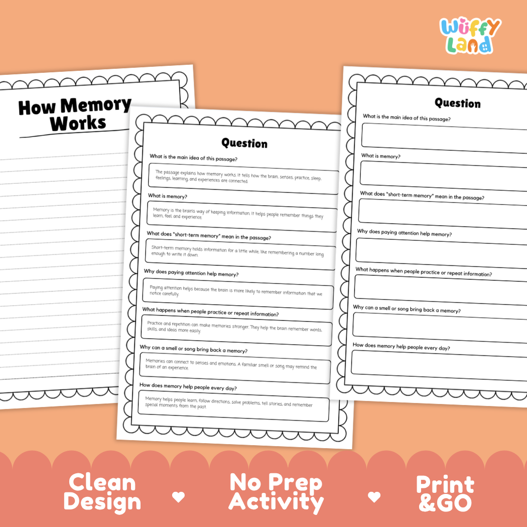 Educational reading passage explaining sensory input, short-term and long-term memory, and how the brain stores ideas