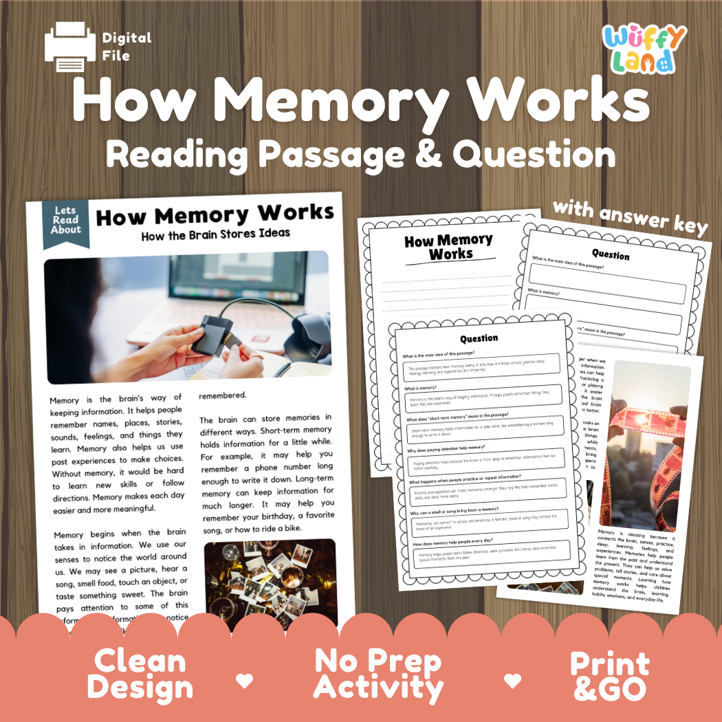 How Memory Works reading comprehension passage and questions activity pack with full answer key for students