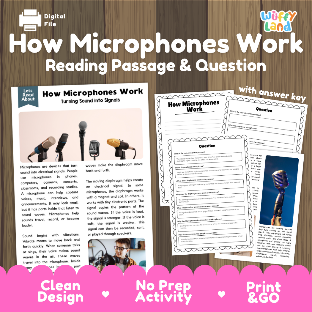 How microphones work reading comprehension passage and questions printable activity pack with answer key for elementary students