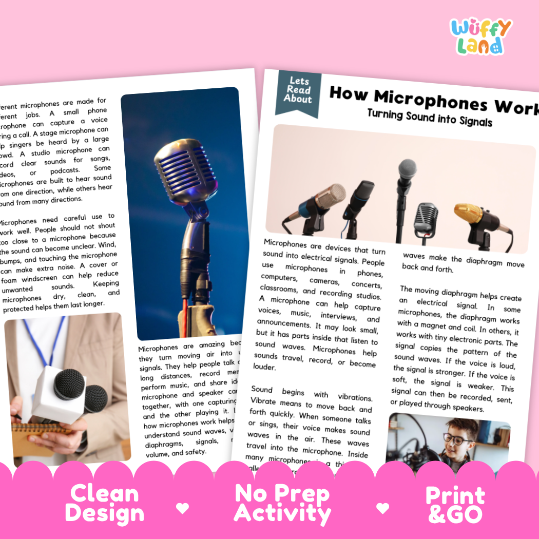 Teacher answer key page showing complete question solutions for How Microphones Work physical science reading comprehension practice