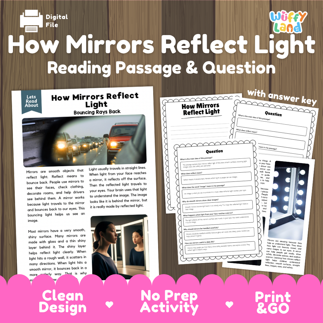 How mirrors reflect light reading comprehension passage and questions printable activity pack with answer key for elementary students
