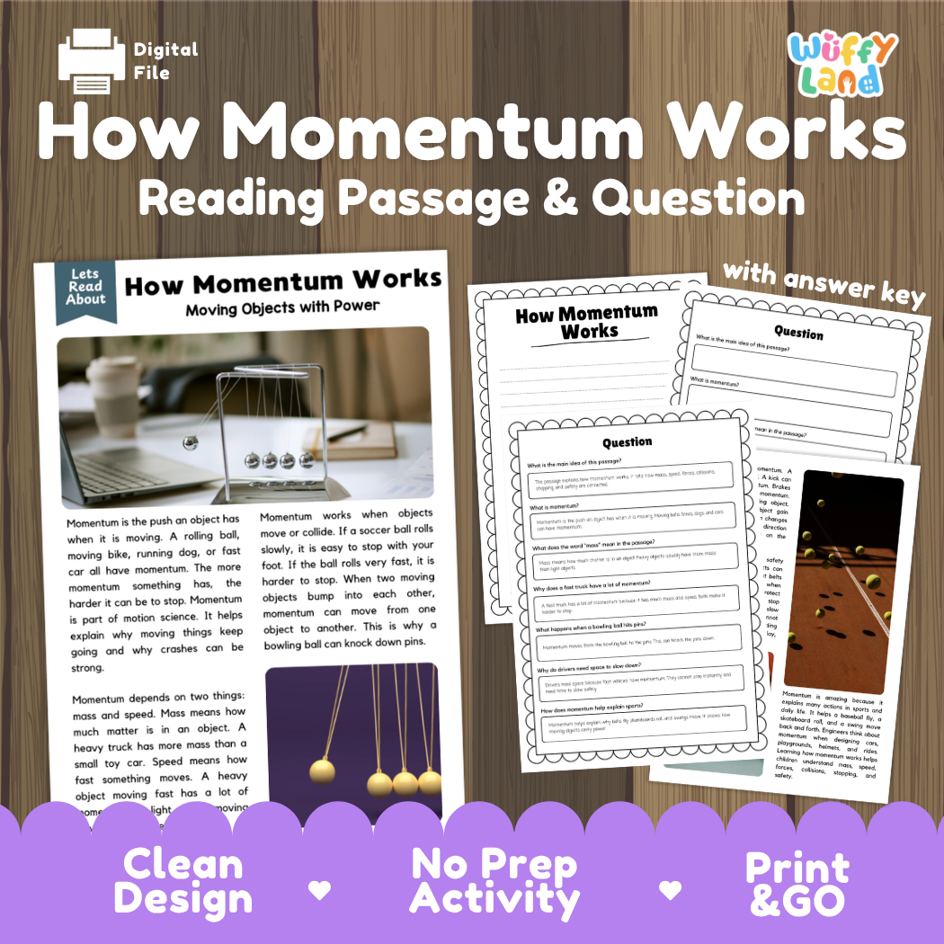 How momentum works reading comprehension passage and questions printable activity pack with answer key for elementary students