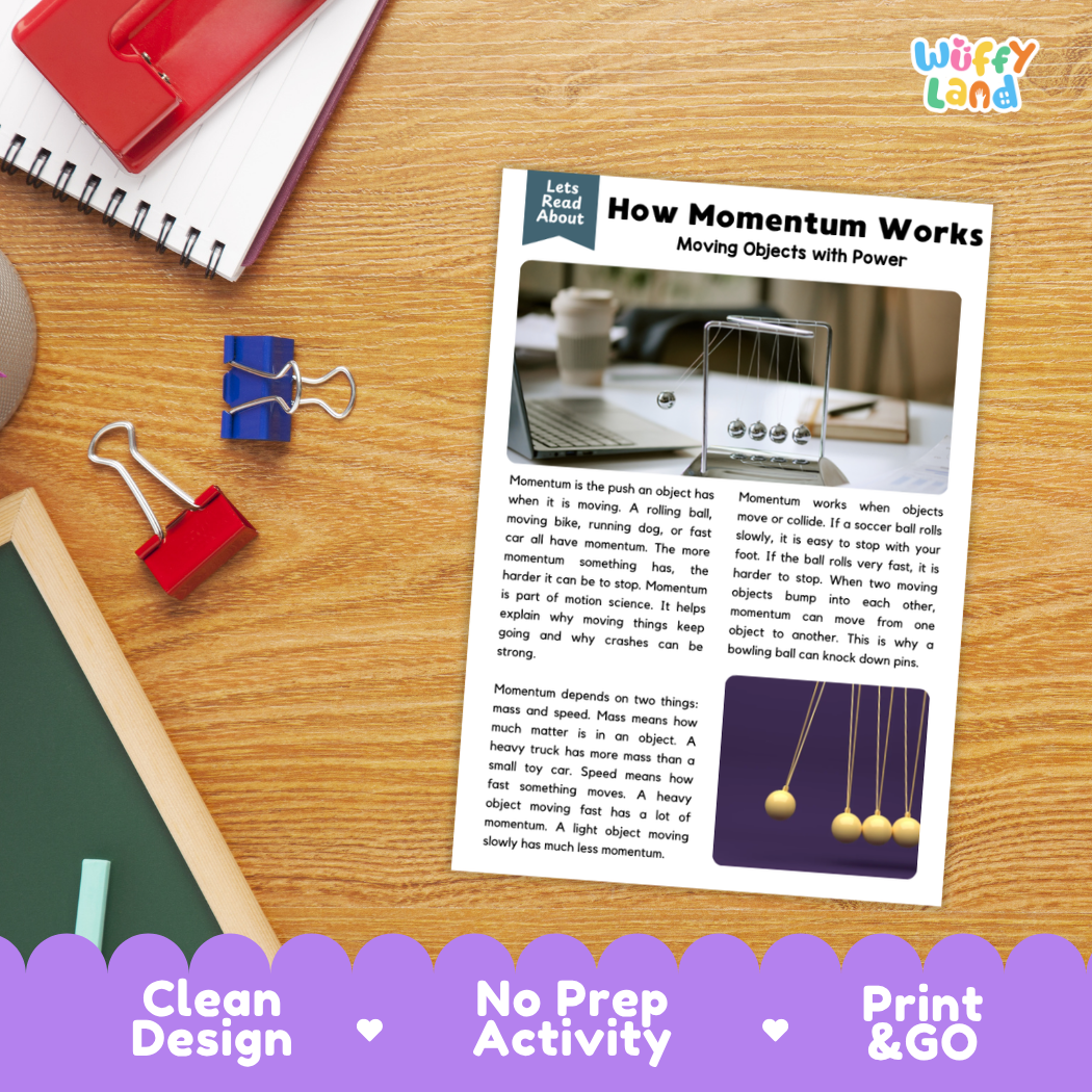 Student reading comprehension worksheet with short-answer questions and lined sections about how momentum works