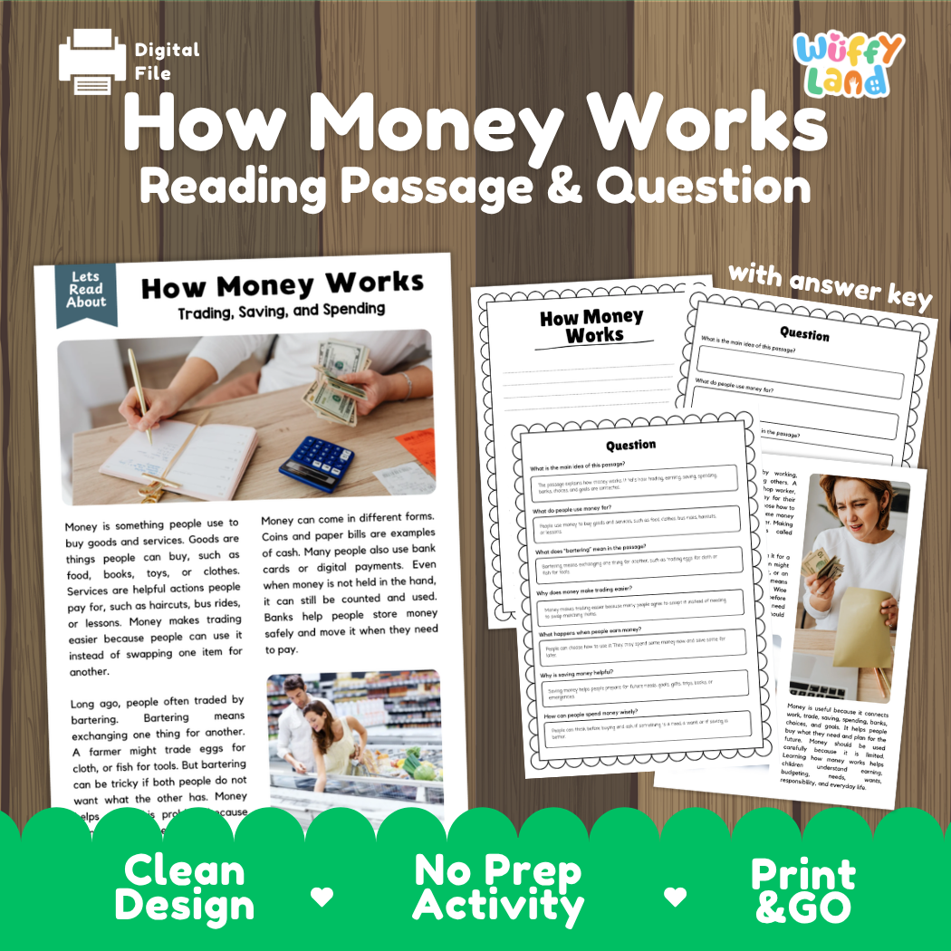 How Money Works reading comprehension passage and questions activity pack with full answer key for students
