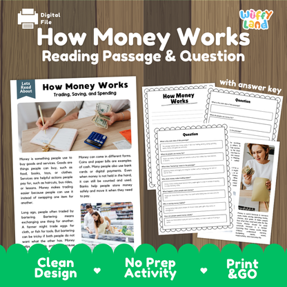 How Money Works reading comprehension passage and questions activity pack with full answer key for students