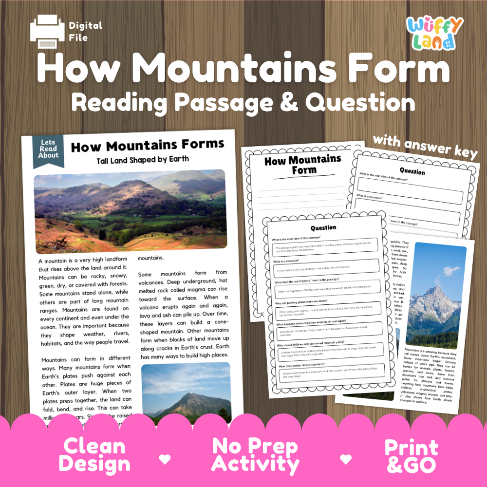 How mountains form reading comprehension passage and questions printable activity pack with answer key for elementary students