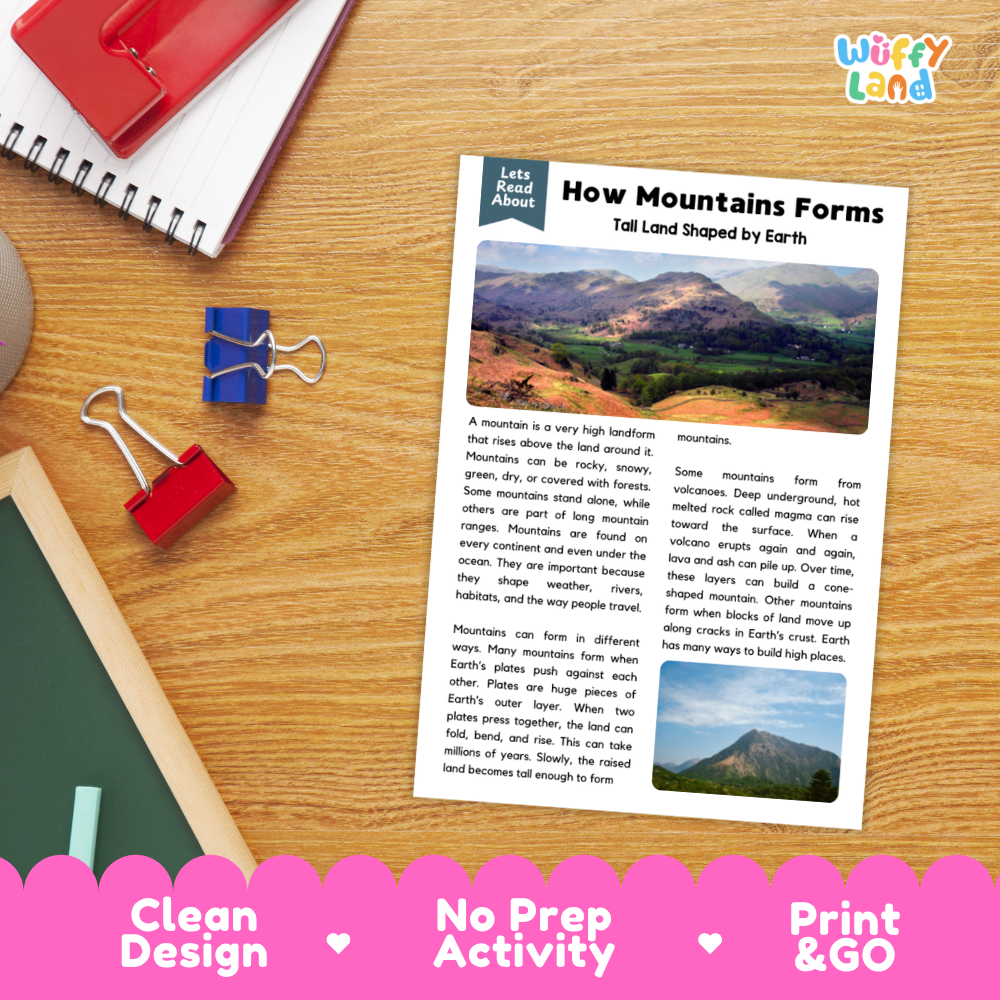 Student reading comprehension worksheet with short-answer questions and lined sections about how mountains form