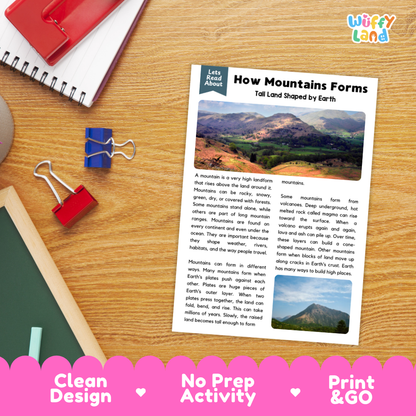 Student reading comprehension worksheet with short-answer questions and lined sections about how mountains form