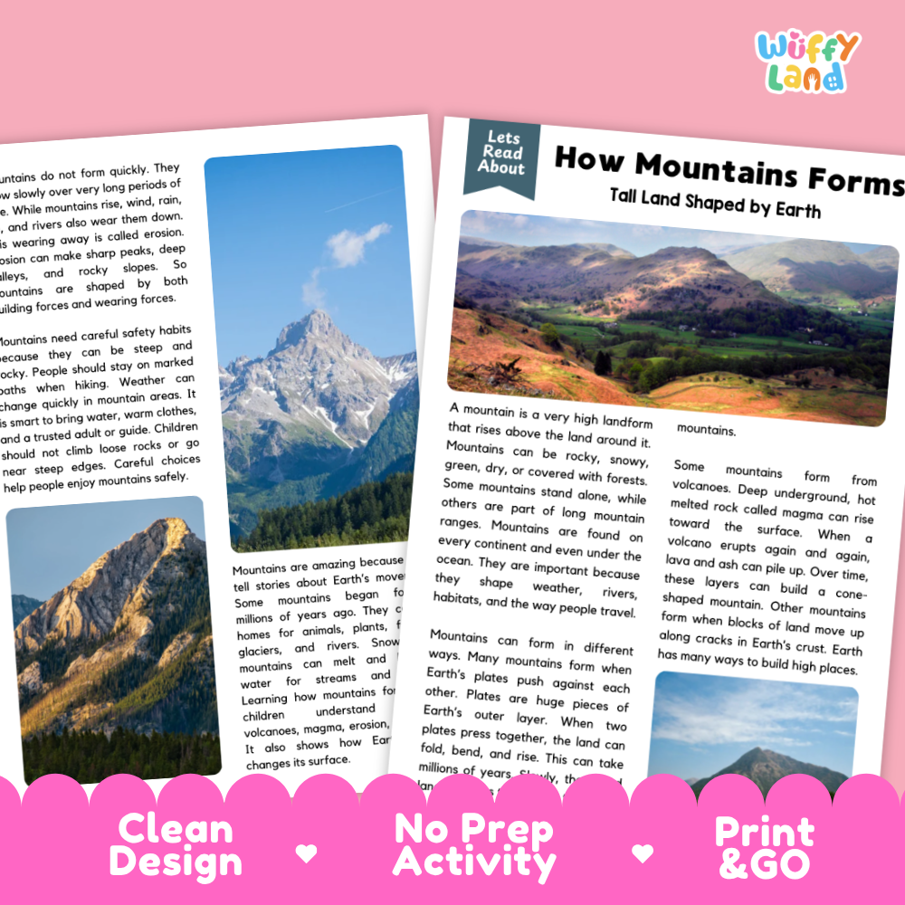 Teacher answer key page showing complete question solutions for how mountains form reading comprehension practice