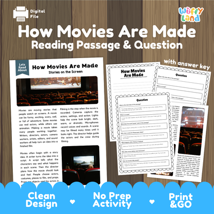 How Movies Are Made reading comprehension passage and questions printable activity pack with answer key for elementary students