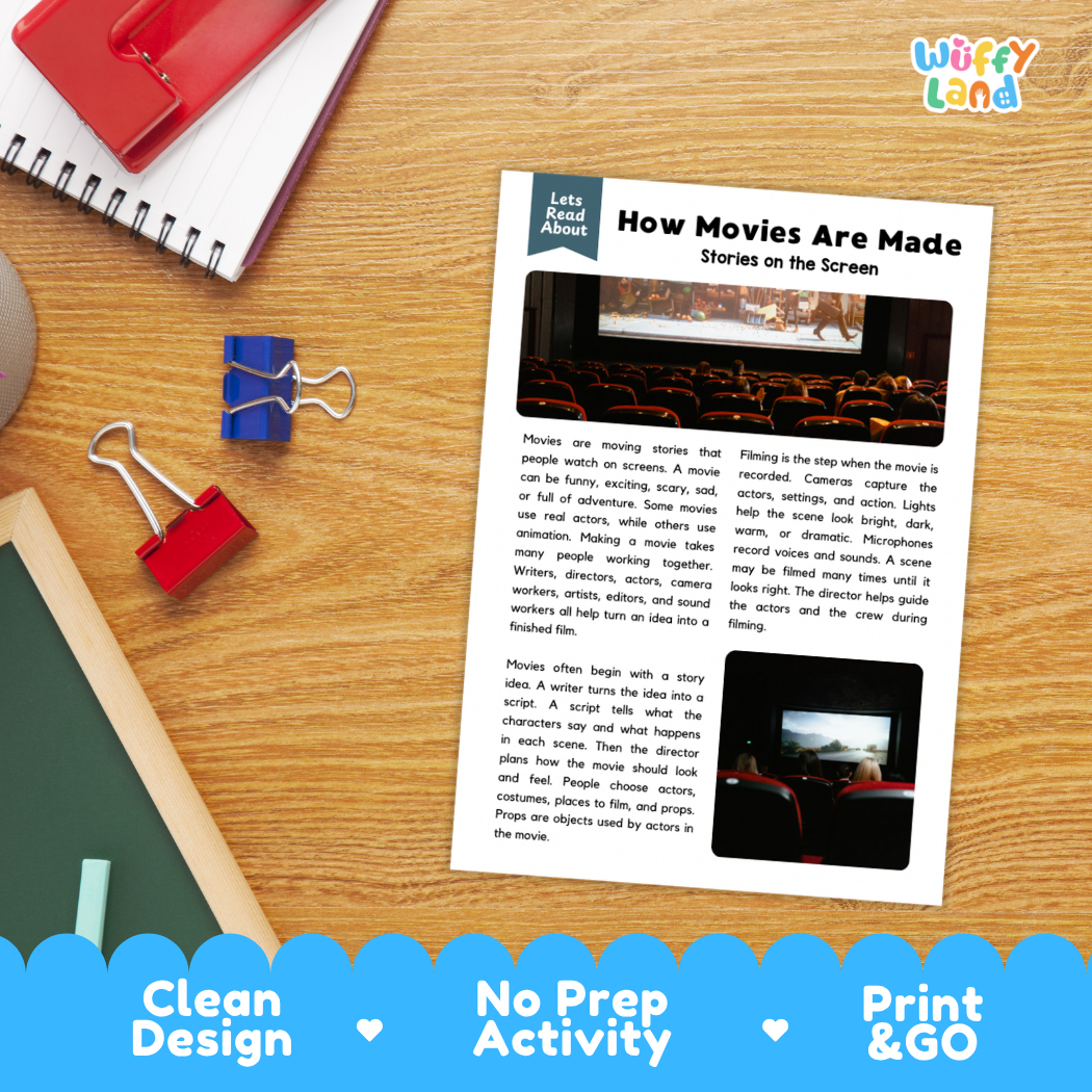 Student reading comprehension worksheet with short-answer questions and lined sections about how movies are made