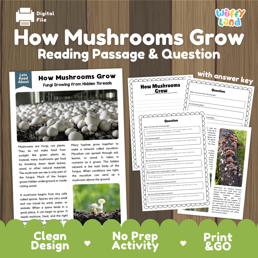 How Mushrooms Grow reading comprehension passage and questions activity pack with full answer key for students