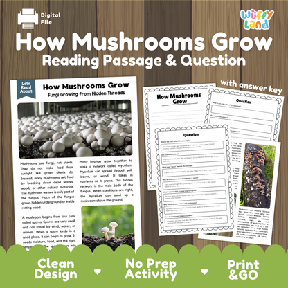 How Mushrooms Grow reading comprehension passage and questions activity pack with full answer key for students