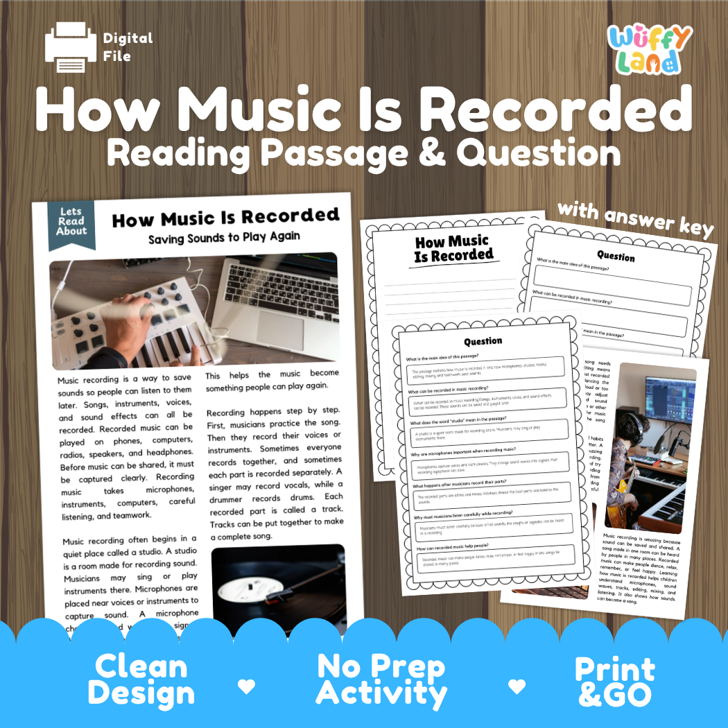 How Music Is Recorded reading comprehension passage and questions printable activity pack with answer key for elementary students