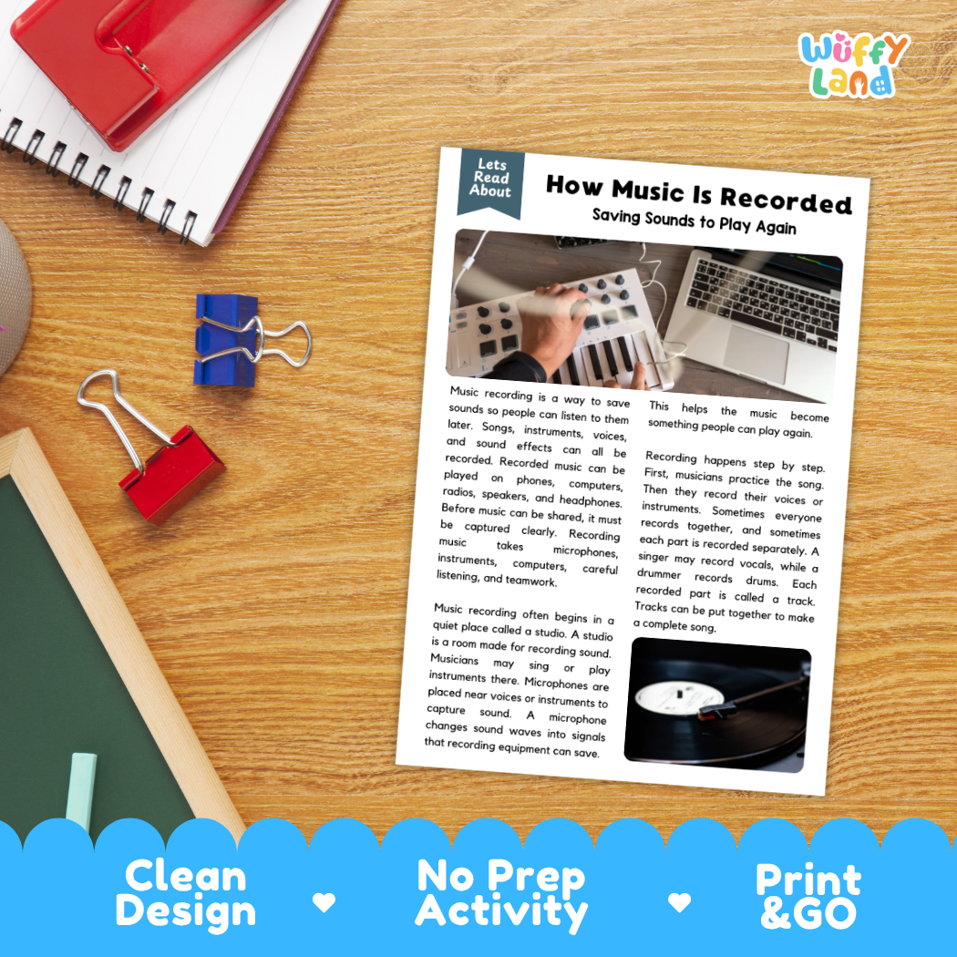 Student reading comprehension worksheet with short-answer questions and lined sections about how music is recorded