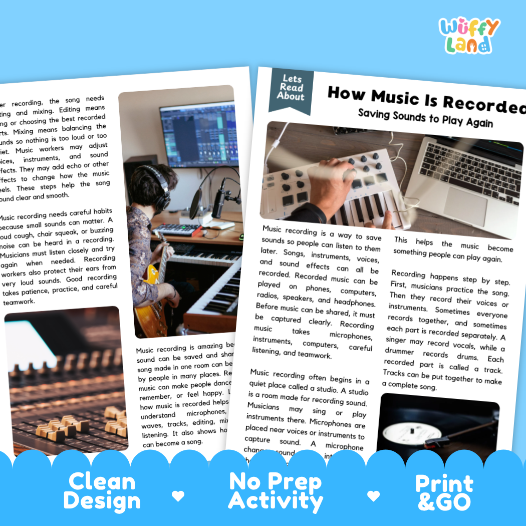 Teacher answer key page showing complete question solutions for music recording sound science reading comprehension practice