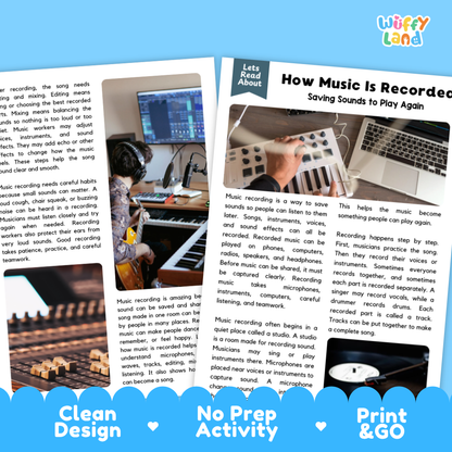 Teacher answer key page showing complete question solutions for music recording sound science reading comprehension practice