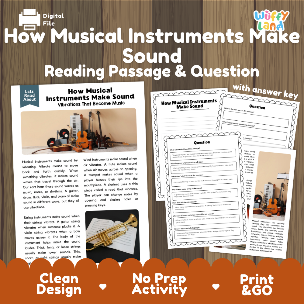 How musical instruments make sound reading comprehension passage and questions printable activity pack with answer key for elementary students