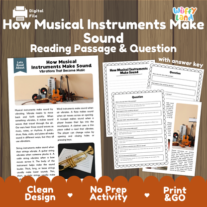 How musical instruments make sound reading comprehension passage and questions printable activity pack with answer key for elementary students