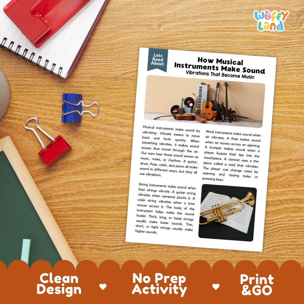 Student reading comprehension worksheet with short-answer questions and lined sections about how musical instruments make sound