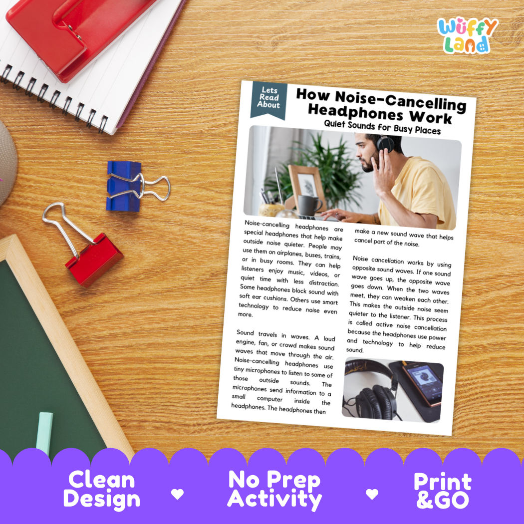 Student reading comprehension worksheet with short-answer questions and lined sections about how noise-cancelling headphones work