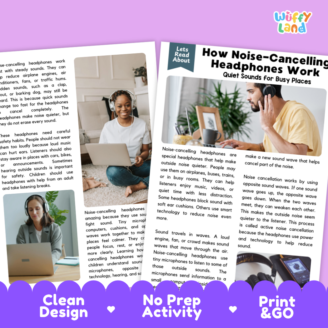 Teacher answer key page showing complete question solutions for How Noise-Cancelling Headphones Work physical science reading comprehension practice