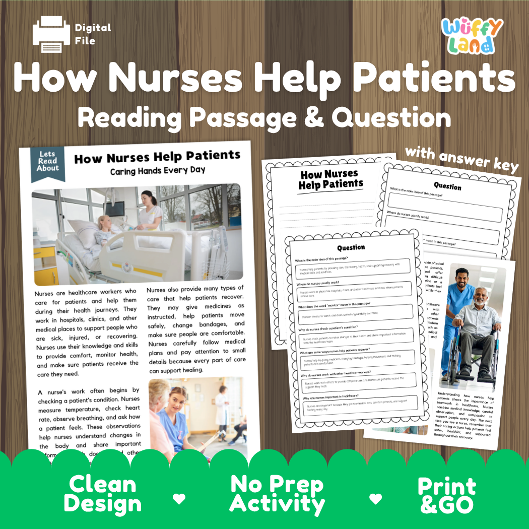 How Nurses Help Patients reading comprehension passage and questions activity pack with full answer key for students