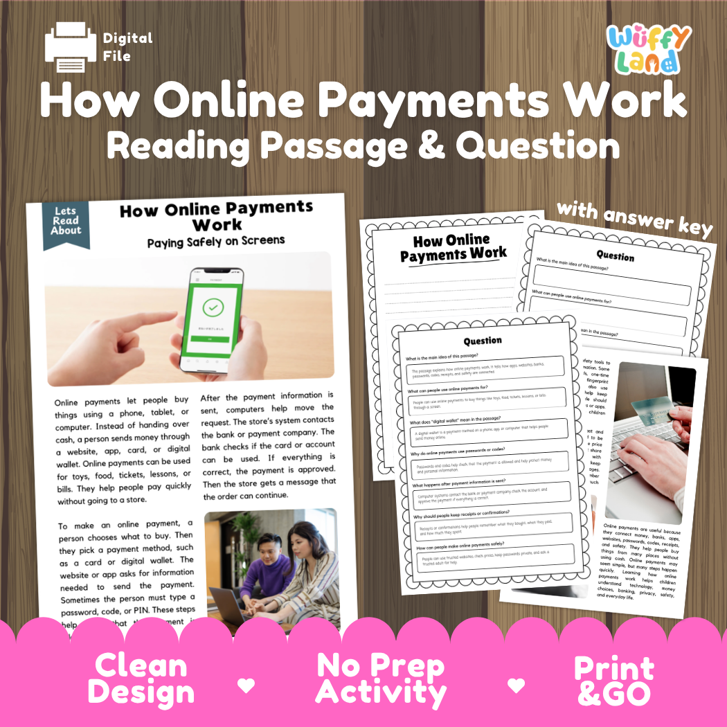 How Online Payments Work reading comprehension passage and questions activity pack with full answer key for students