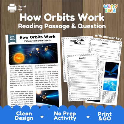How Orbits Work reading comprehension passage and questions printable activity pack with answer key for elementary students
