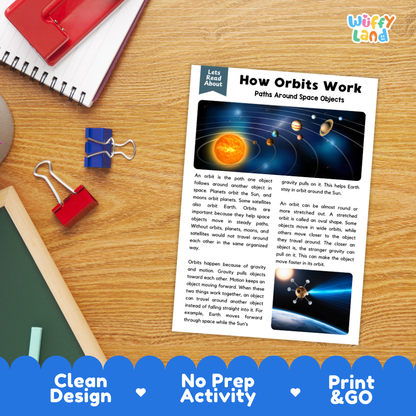 Student reading comprehension worksheet with short-answer questions and lined sections about planetary orbits and space forces