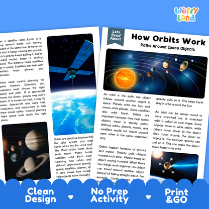Teacher answer key page showing complete question solutions for orbits reading comprehension practice
