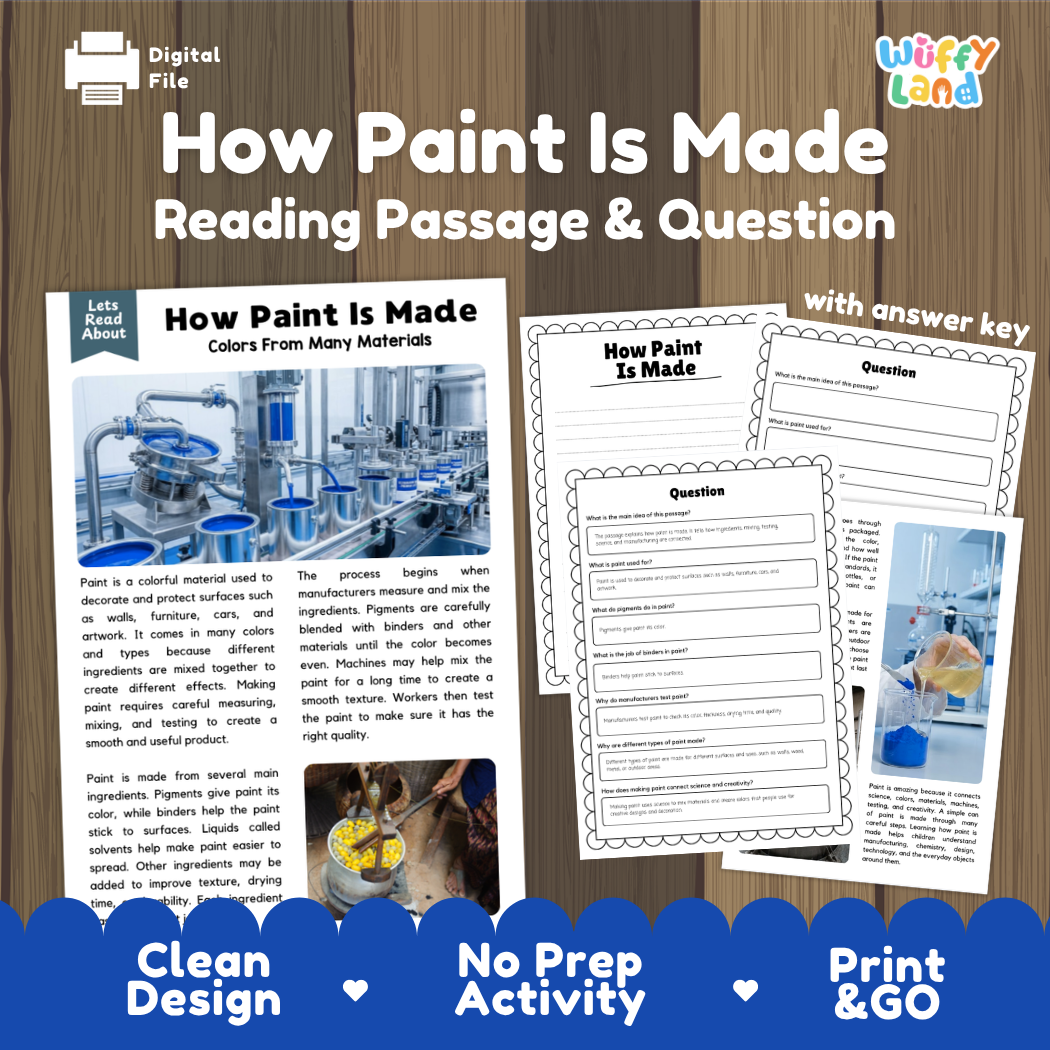 How Paint Is Made reading comprehension passage and questions activity pack with full answer key for students