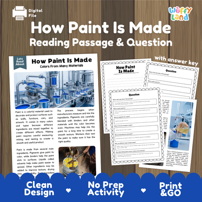 How Paint Is Made reading comprehension passage and questions activity pack with full answer key for students