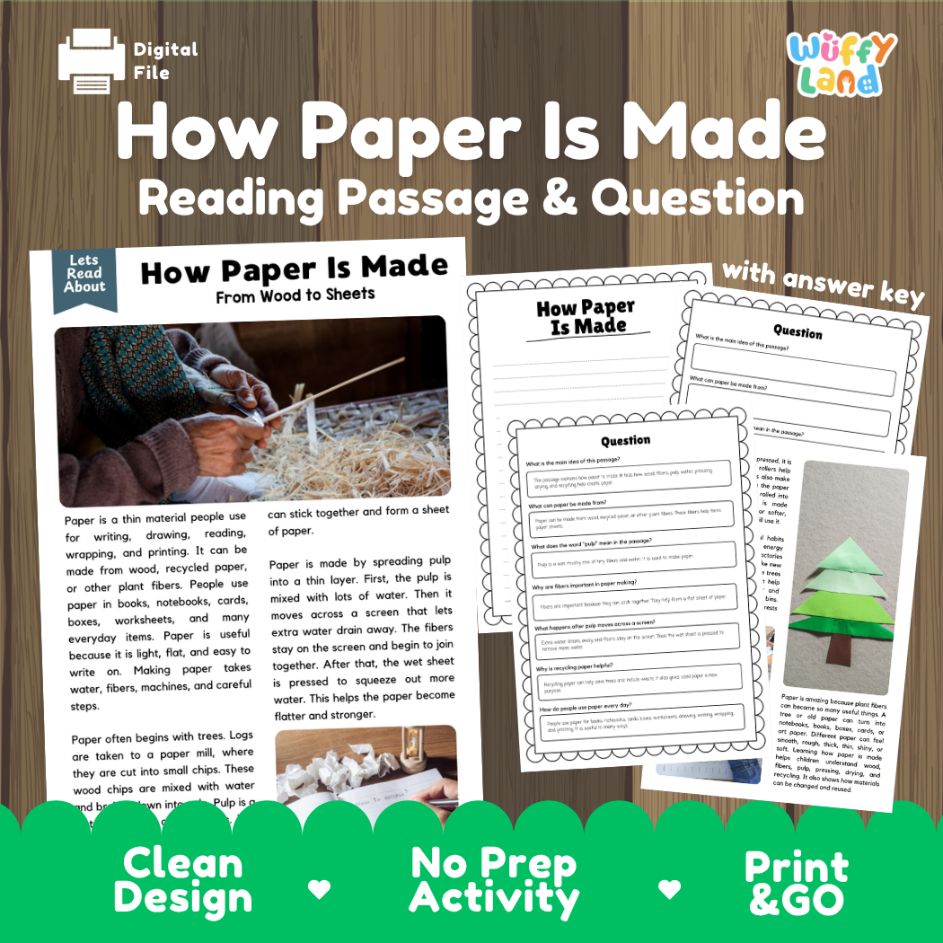 How Paper Is Made reading comprehension passage and questions printable activity pack with answer key for elementary students