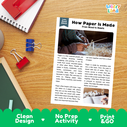 Student reading comprehension worksheet with short-answer questions and lined sections about how paper is made from wood pulp