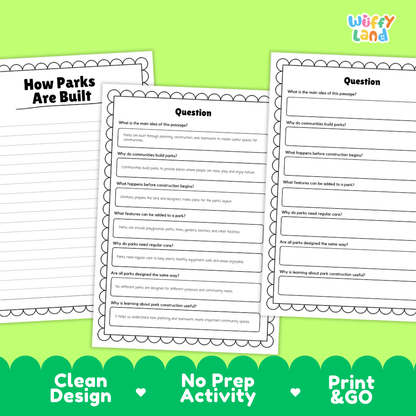 Educational reading passage explaining site planning, landscaping, playground installation, and how parks are built