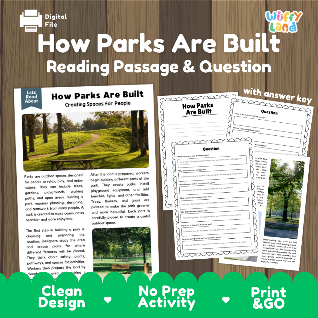 How Parks Are Built reading comprehension passage and questions activity pack with full answer key for students