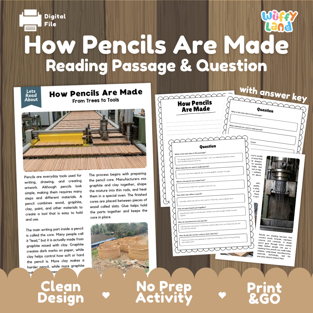 How Pencils Are Made reading comprehension passage and questions activity pack with full answer key for students