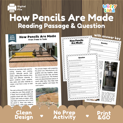 How Pencils Are Made reading comprehension passage and questions activity pack with full answer key for students
