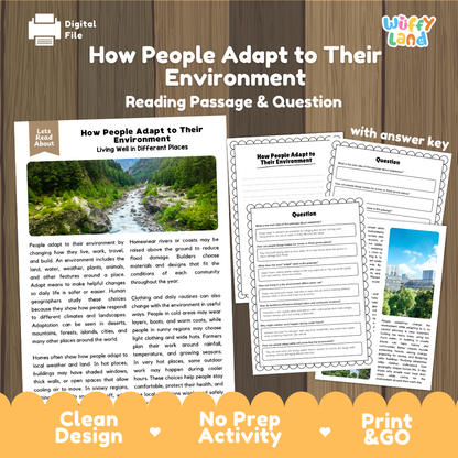 How People Adapt to Their Environment reading comprehension passage and questions printable activity pack with answer key for elementary students