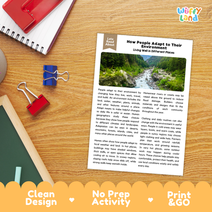 Student reading comprehension worksheet with short-answer questions and lined sections about how people adapt to their environment