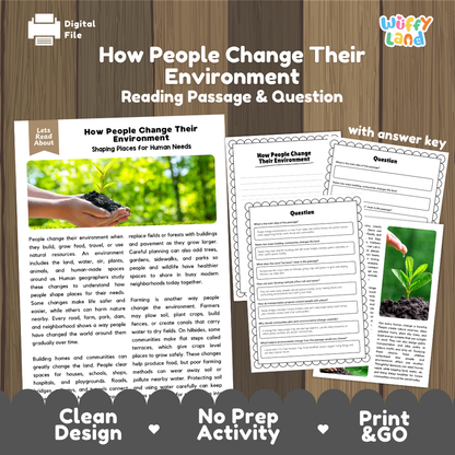 How People Change Their Environment reading comprehension passage and questions printable activity pack with answer key for elementary students