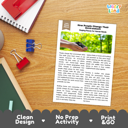 Student reading comprehension worksheet with short-answer questions and lined sections about how people change their environment