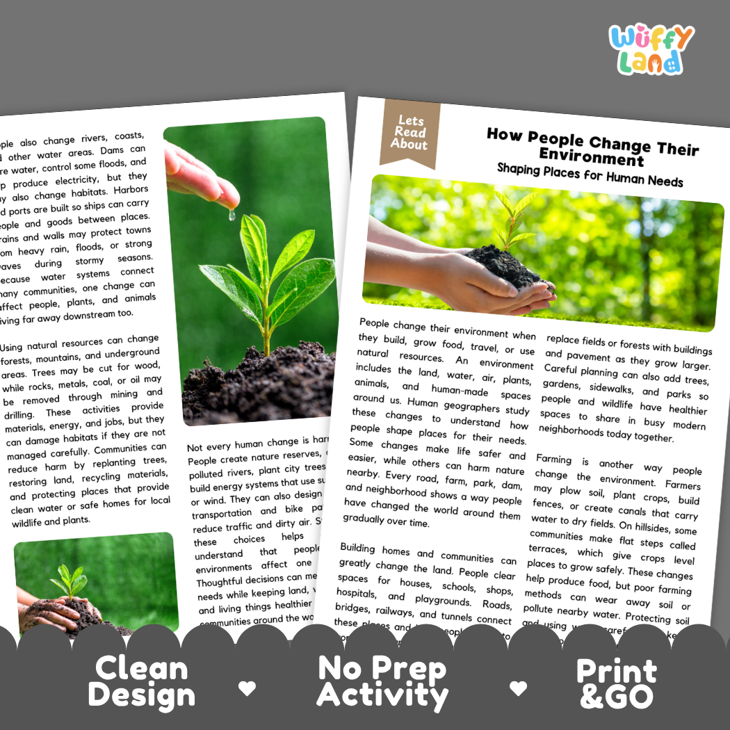 Teacher answer key page showing complete question solutions for How People Change Their Environment human geography reading comprehension practice
