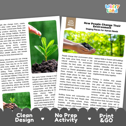 Teacher answer key page showing complete question solutions for How People Change Their Environment human geography reading comprehension practice