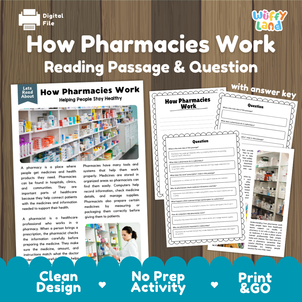 How Pharmacies Work reading comprehension passage and questions activity pack with full answer key for students