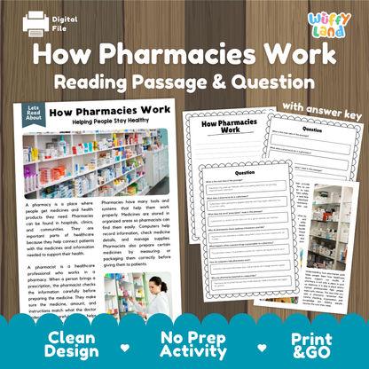How Pharmacies Work reading comprehension passage and questions activity pack with full answer key for students