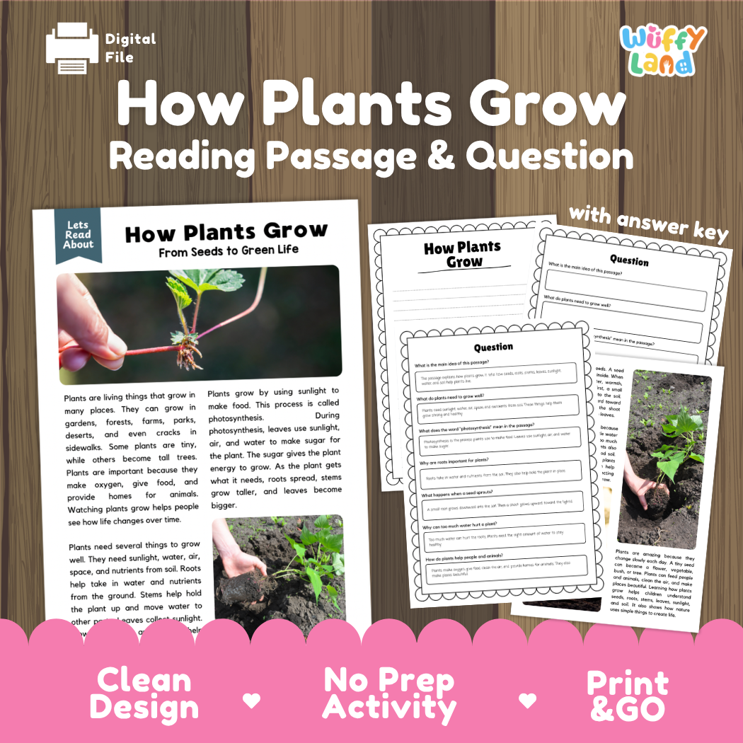 How Plants Grow reading comprehension passage and questions printable activity pack with answer key for elementary students