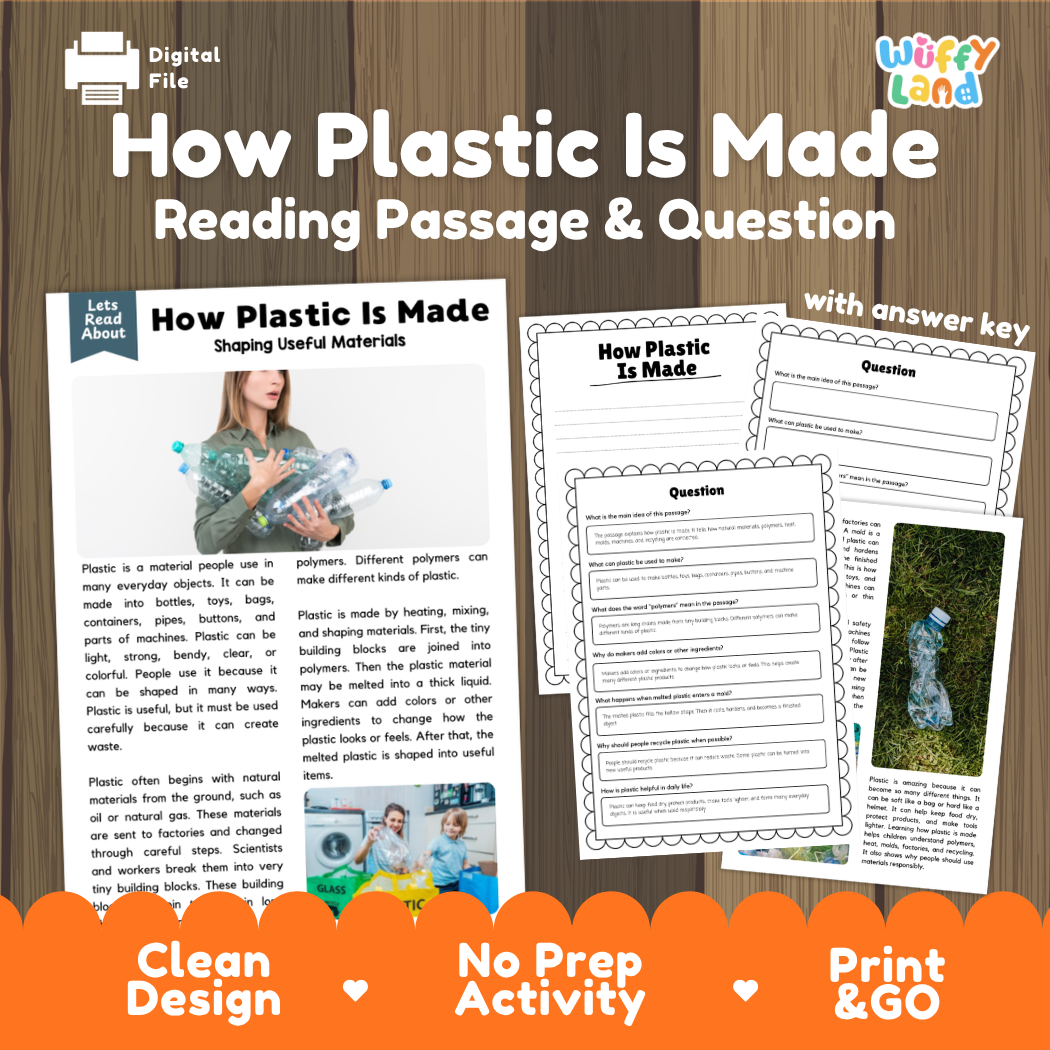 How Plastic Is Made reading comprehension passage and questions printable activity pack with answer key for elementary students